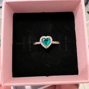 Pandora Heart Shaped Rose Gold Emerald Ring size 8.5